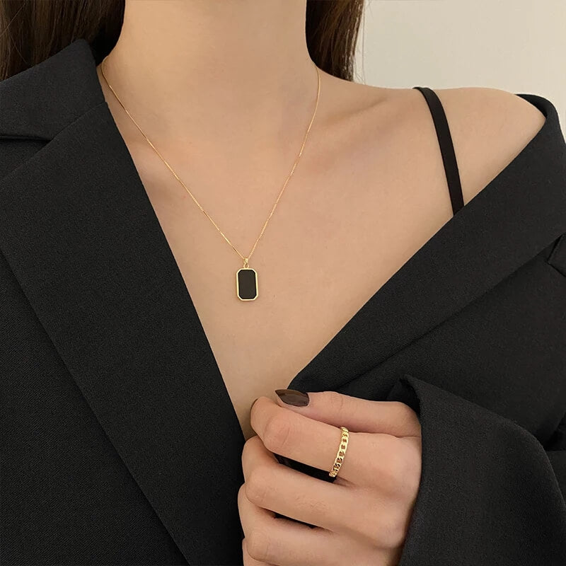 Black Square Pendant Double Layer Stainless Steel Necklaces for Women Men Gold Silver Color Clavicle Chains Party Jewelry